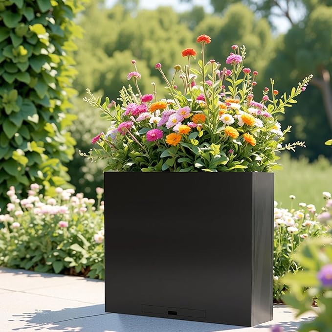 KOL Galvanized Steel Planter Box, with Insert Tray Drainage Holes, Rectangular Black Powder Coated Metal Planter, Outdoor Use, Heavy Duty Modern Flower Pot (Black, 36" H x 11" W x 32" L)-Ruum Studio Home
