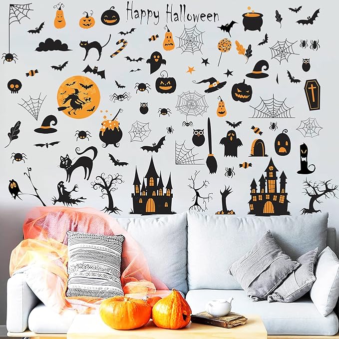 84 PCS Window Clings - Halloween Wall Stickers for Living Room, Pumpkins, Castles, Bats, Cats, Vampire, Witch Stickers, Household Decorative Murals, Party Supplies-Ruum Studio Home