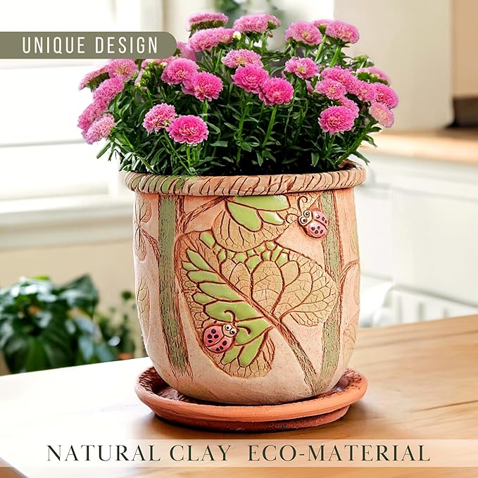 Ceramic Pot with Drainage Hole and Saucer, Plant Pots, Modern Decorative Planters for House Plants Indoor Flowers Plants, Cute Flower Pot - Gifts (Ladybugs (3 L))-Ruum Studio Home