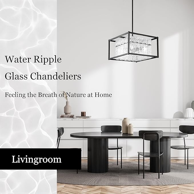 IKK Modern Foyer Chandelier, Black Crystal Chandelier for Dining Room, Square Entryway Light Fixture Hanging, Easily Adjustable Height Glass Chandeliers for Kitchen Island, Elegant Water Ripple-Ruum Studio Home