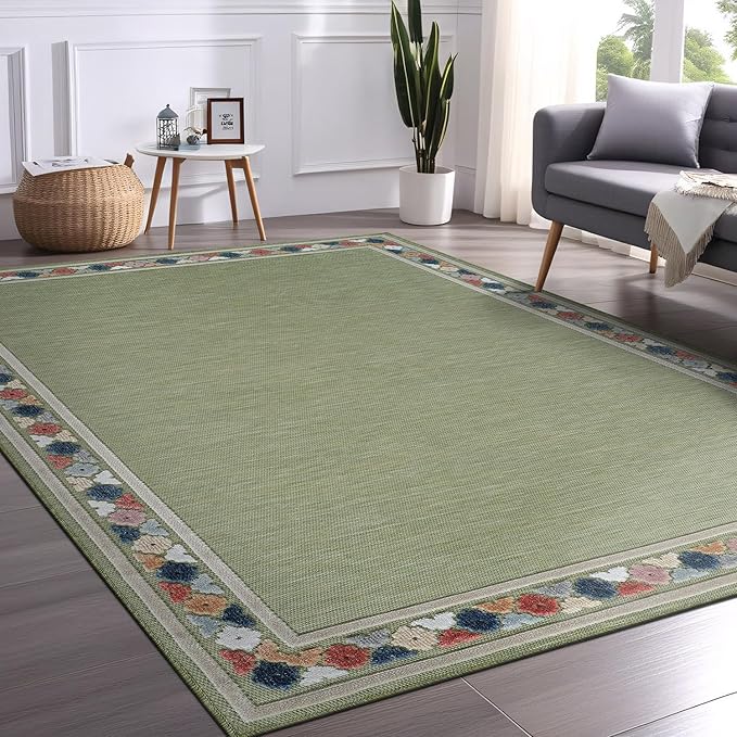 Beverly Rug Outdoor Rug 6x9 Modern Bordered Area Rugs for Indoor and Outdoor Patio Easy to Clean Non Shedding Living Room Porch Garden Washable Outside Carpet (6 x 9 Green)-Ruum Studio Home