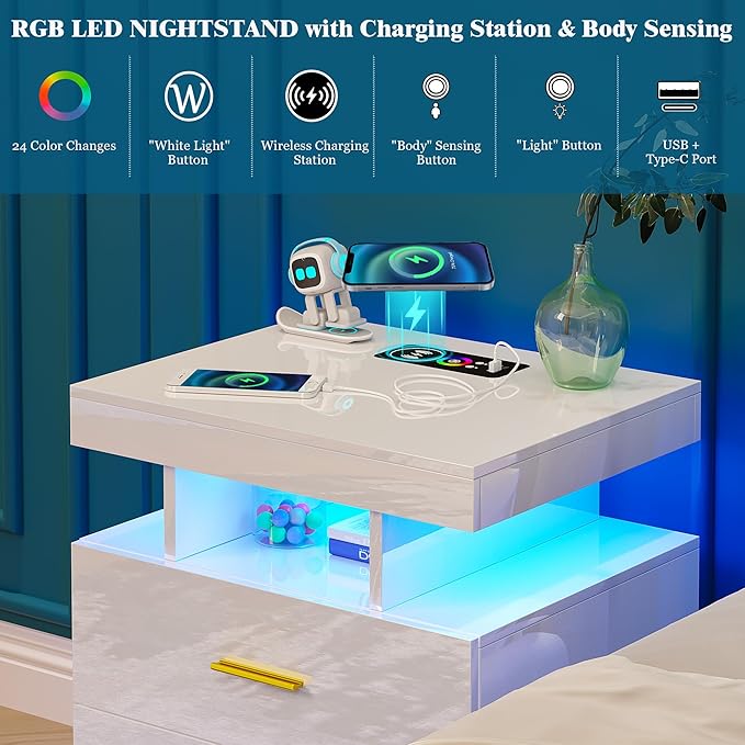 Night Stand with Light, High Gloss Nightstand with USB/Wireless Charging Station, LED White Nightstands with Storage Drawers, RGB Side End Table for Bedroom Furniture（White-Ruum Studio Home