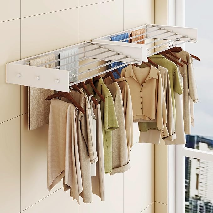 Upgrade Drying Rack Clothing,Clothes Drying Rack Wall Mounted,Laundry Drying Rack Wall Mount,Foldable,Collapsible,Retractable,6 Aluminium Poles,with Hooks,(White 35.5"-Ruum Studio Home
