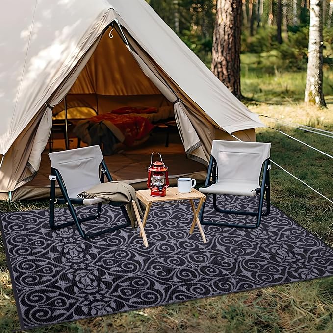 OLANLY Outdoor Rug Waterproof 6x9 ft Clearance, Reversible Outdoor Plastic Straw Rug with Floral Pattern, RV Mat for Patio, Camping, Balcony, Deck, Backyard, Black & Grey-Ruum Studio Home