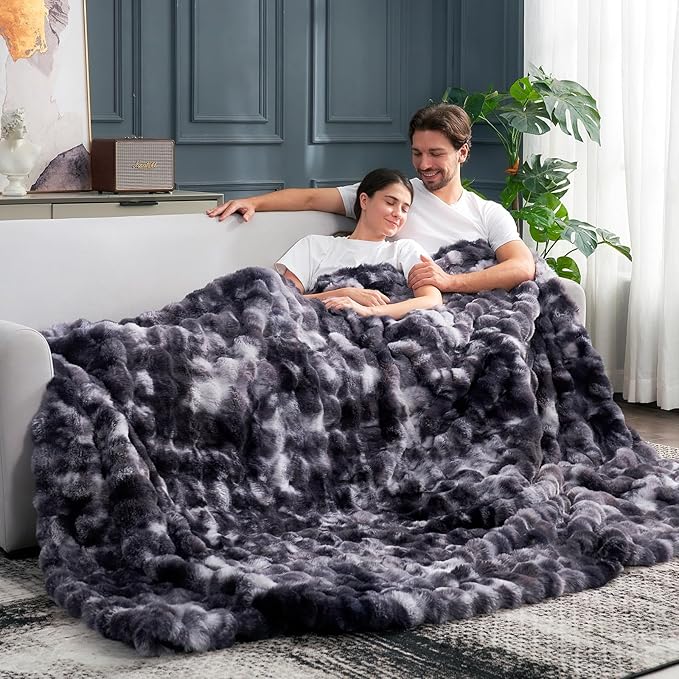 Cozy Bliss Faux Fur Throw Blanket for Couch, Fuzzy Soft Plush Thick Bubble Blanket for Sofa Bedroom Living Room, 108 * 90 Inches Tie Dye Black-Ruum Studio Home