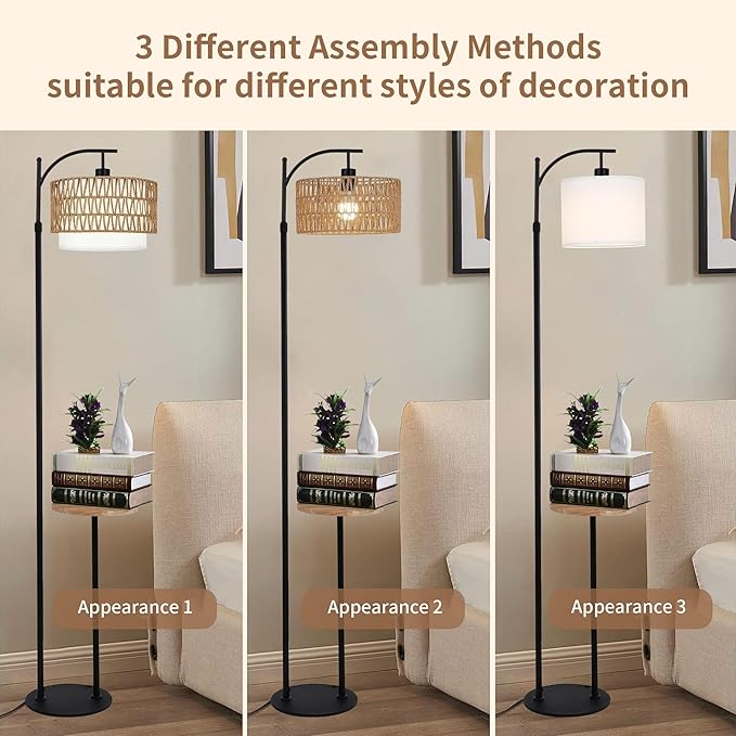 Arc Floor Lamp with Table and Shelves,Rattan Boho Floor Lamp with Remote Control,Rustic Floor Lamps for Bedroom Wicker Standing Lamp with 3 Color Temperature Tall Lamp for Living Room Corner-Ruum Studio Home