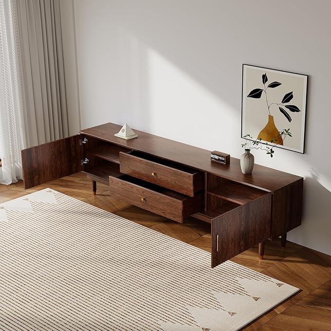 Mid Century Modern TV Stand for 75 inch TV, 78.7" Walnut TV Console with 2 Storage Cabinet & 2 Drawers, Entertainment Center, Media Console for Living Room/Bedroom-Ruum Studio Home