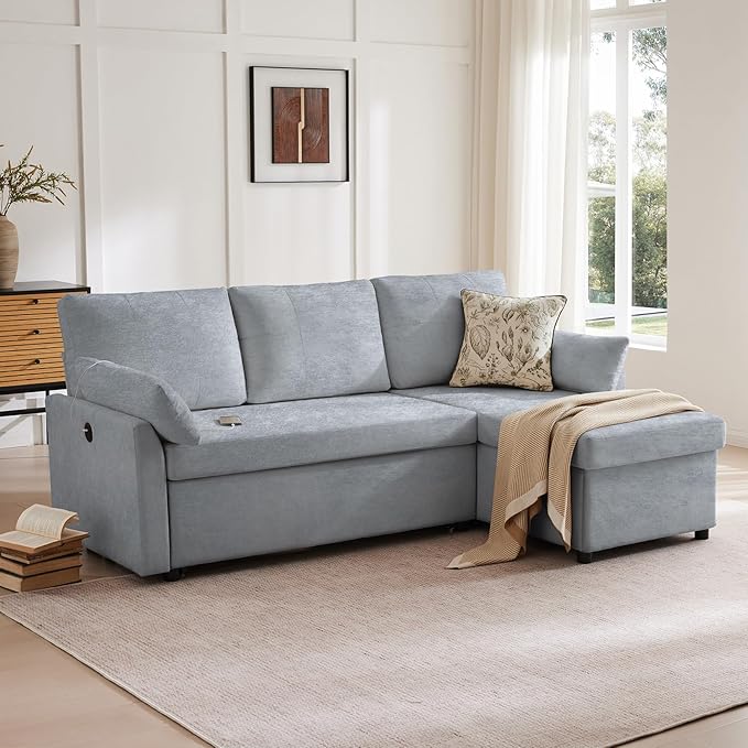 Waxberry Sectional Sofa Couch, Pull Out Couch Sleeper Sofa Bed with Storage for Living Room, Reversible Chaise, Side Pockets & Dual USB/Type-C Ports, Includes 1 Blanket, Grey-Ruum Studio Home