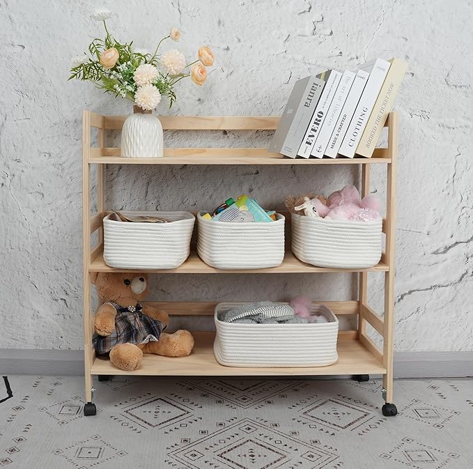 Small Woven Storage Baskets 12“X8”X5“ Decorative Rope Bins for Organizing Shelves, Closets, and Toys, Empty Gift Baskets, Cute Organizer Basket for Home and Office (white, regular)-Ruum Studio Home