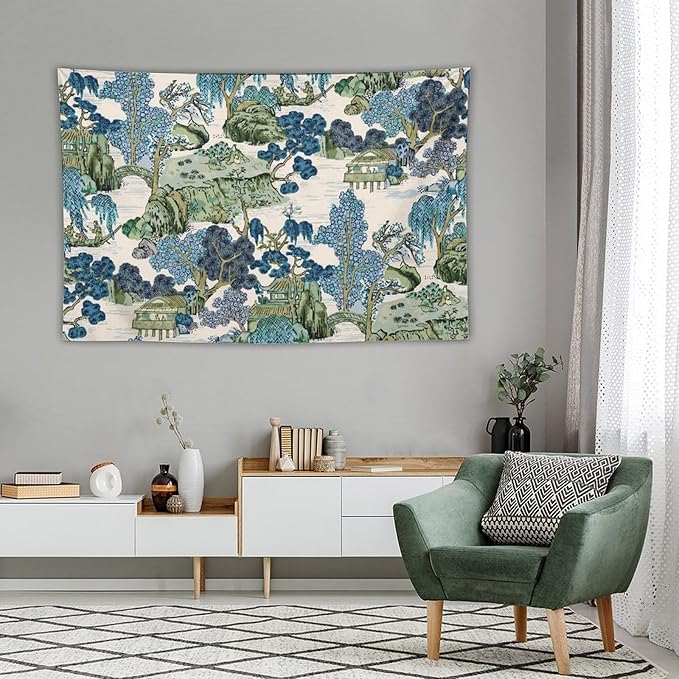 Chinoiserie Tapestry,Asian Watercolor Abstract Art Tapestry,Asian Japanese Wall Tapestry, Nature Landscape Tapestries for Bedroom Living Room Decor 60"x40"-Ruum Studio Home