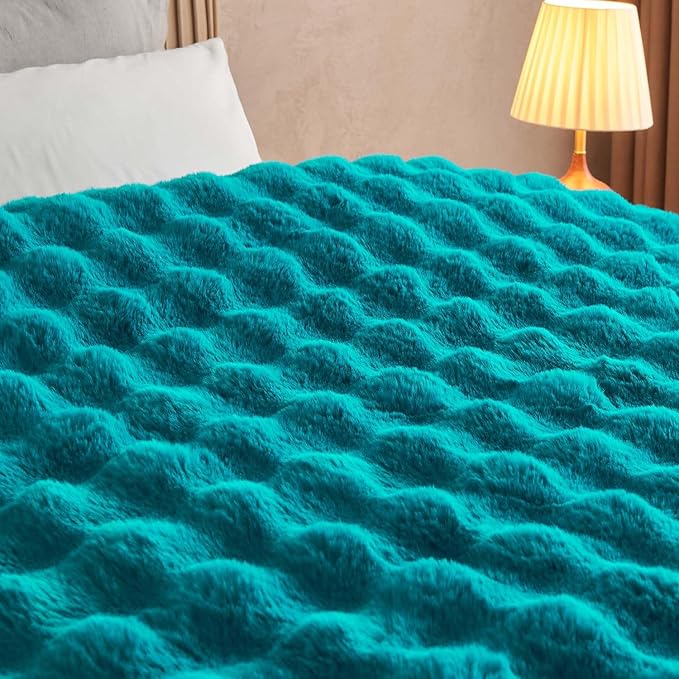 Lotus Karen Faux Fur Teal Throw Blanket - Big Bubble Rabbit Fluff Blanket for Couch Bed Sofa,Softest Fluffy Fuzzy Cozy Blanket,Thick Furry Plush Shaggy Warm Blankets for Women,50x60 Inches-Ruum Studio Home