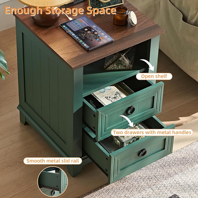 18" Farmhouse Night Stand with Charging Station, 2 Drawers Bedside End Table, Green Wooden Nightstand, Bed Side Table Cabinet with Open Shelf for Bedroom Living Room Office-Ruum Studio Home