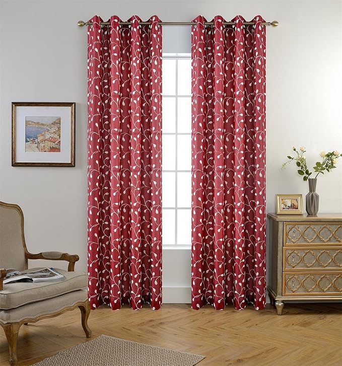 MIUCO Floral Embroidery Semi Sheer Curtain Panels Faux Linen Grommet Curtains for Kids Room 52 x 95 Inch 2 Panels, Burgundy-Ruum Studio Home