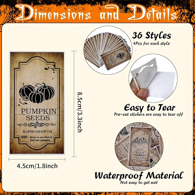 KIMOBER 144PCS Halloween Bottle Labels, Assoeted Vintage Laminated Animal Apothecary Potion Bottles Stickers for Halloween Party Supplies Photo Props-Ruum Studio Home