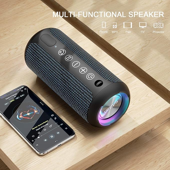 Ortizan Portable Bluetooth Speakers, IPX7 Waterproof Wireless Speaker with 24W Loud Stereo Sound, Outdoor Speaker with Bluetooth 5.3, Deep Bass, RGB Lights, Dual Pairing, 30H Playtime for Home, Party-Ruum Studio Home