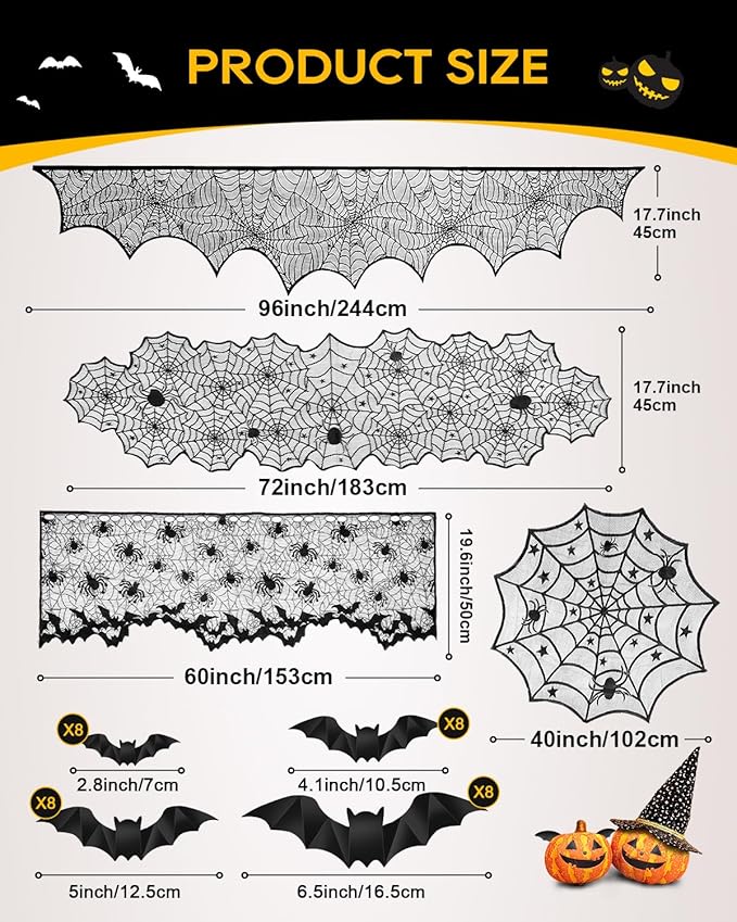 eZAKKA 5 Pack Halloween Decorations Indoor Halloween Spider Web Tablecloth Table Runners Fireplace Mantel Scarf Cobweb Lampshade Scary 3D Bats for Parties Gothic Spooky Home Decoration-Ruum Studio Home