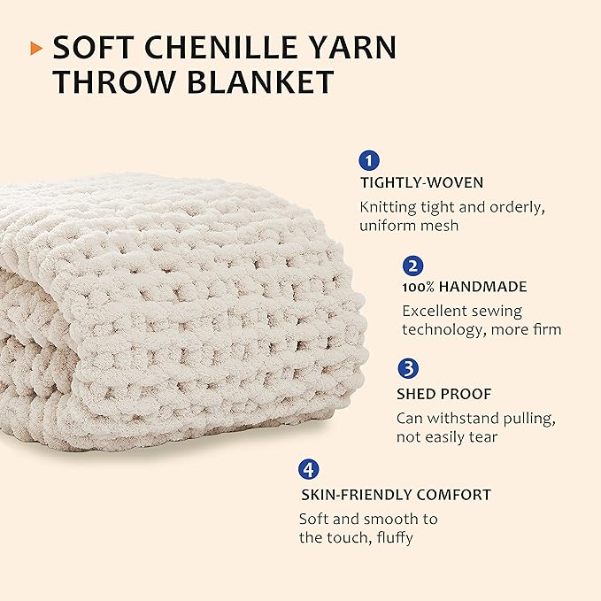 L'AGRATY Chunky Knit Blanket - Soft Chunky Throw 60x80 inches: 100% Hand Kintted Chenile Crochet Throw for Couch - Large Cable Knit Blanket for Home Decor (Ivory)-Ruum Studio Home