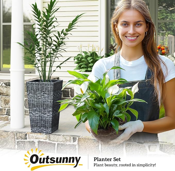 Outsunny Tall Planters for Outdoor Plants Set of 3, 24 in Taper Planters with Drainage Holes, Rattan Decor Plant Pots for Indoor Outdoor Front Porch Patio Backyard, Gray-Ruum Studio Home