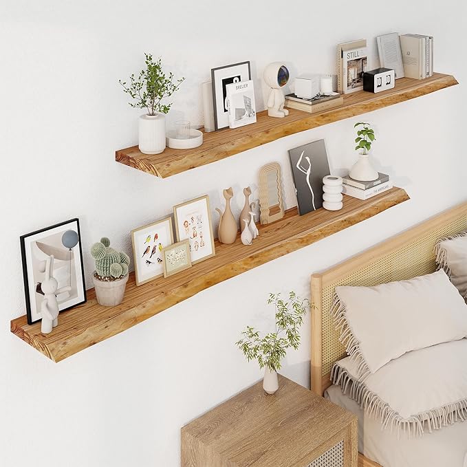 Axeman 72 inch Extra Long Floating Shelves for Wall - 8'' D Live Edge Rustic Solid Elm Wood Floating Shelves Wall Mounted, Wall Shelves with Invisible Bracket for Living Room Bedroom Kitchen, Natural-Ruum Studio Home