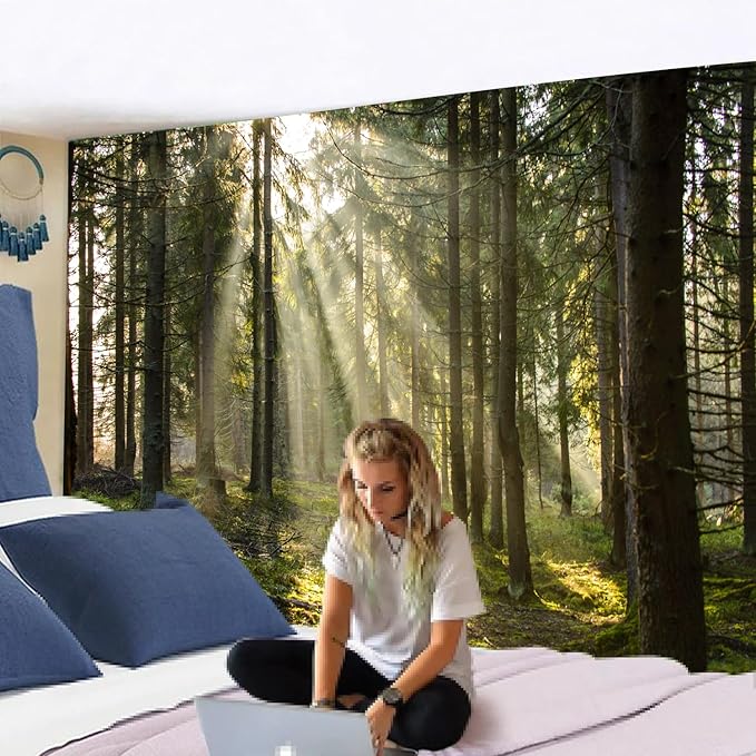 Onivein Forest Tapestry Nature Sunlight Streaming Through Green Trees Wall Hanging for Bedroom Living Room Office Decor 90 x 70 Inches-Ruum Studio Home
