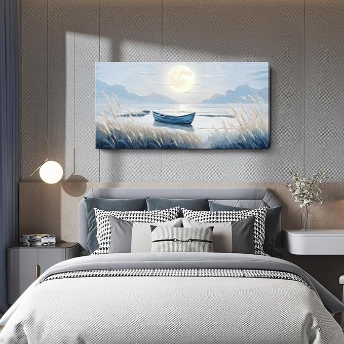 Oversized Large Living Room Wall Art, Blue Wall Decor for Bedroom, Modern Nautical Ocean Beach Seascape Nature Picture Sailboat Moon Lake Mountain Canvas Print Relaxing Serene Coastal Rustic Artwork-Ruum Studio Home