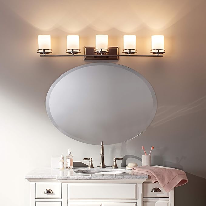 Kichler Hendrik 43" Vanity Light in Brushed Nickel, 5-Light Modern Bathroom Vanity with Satin Etched Cased Opal Glass, (43" W x 7.75" H), 5085NI-Ruum Studio Home