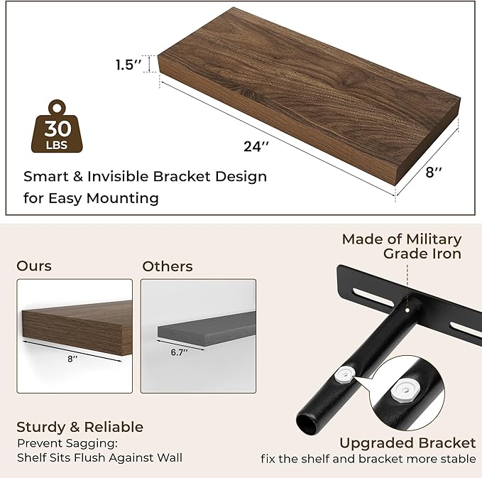 RICHFOCUS 24Inch Floating Shelves for Wall 2 Pack Shelves for Bedroom|Kitchen|Bathroom Wall Mounted Rustic Wood Floating Shelf with Invisible Brackets for Books|Storage|Decor, Walnut-Ruum Studio Home