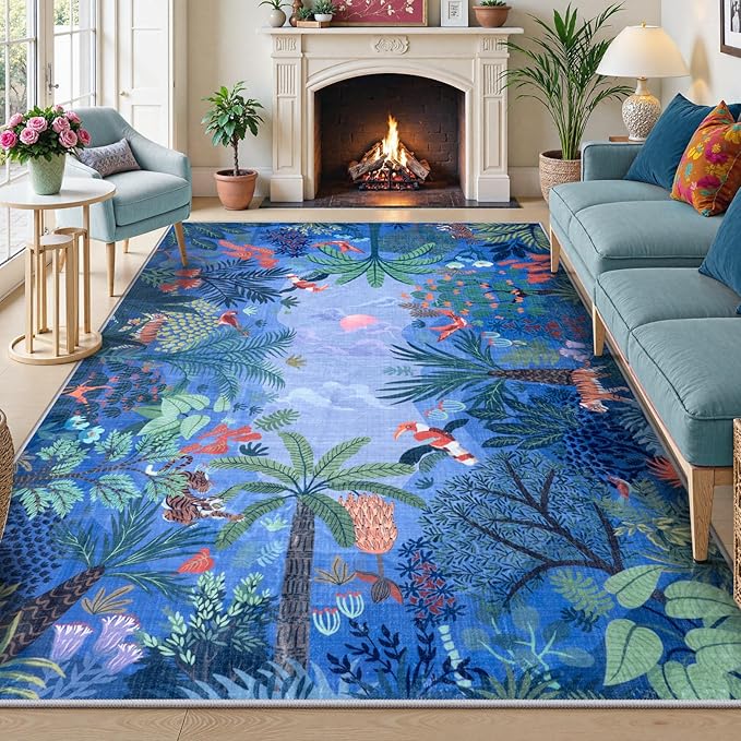 LIVEBOX Washable Jungle Animal Print Rugs 9x12 Blue Rugs for Living Room, Stain Resistant Soft Kids Area Rugs for Bedroom, Non-Skid Modern Dining Room Rug Floor Carpet for Playroom Kids Nursery-Ruum Studio Home