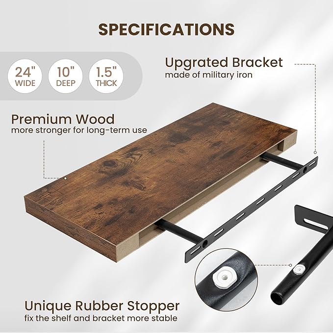 Fun Memories 24 Inch Floating Shelves Wall-Mounted, 10 Inch Deep Wall Shelves, 24 x 10 Floating Shelf for Living Room Bathroom Bedroom, Rustic Brown, Set of 2-Ruum Studio Home