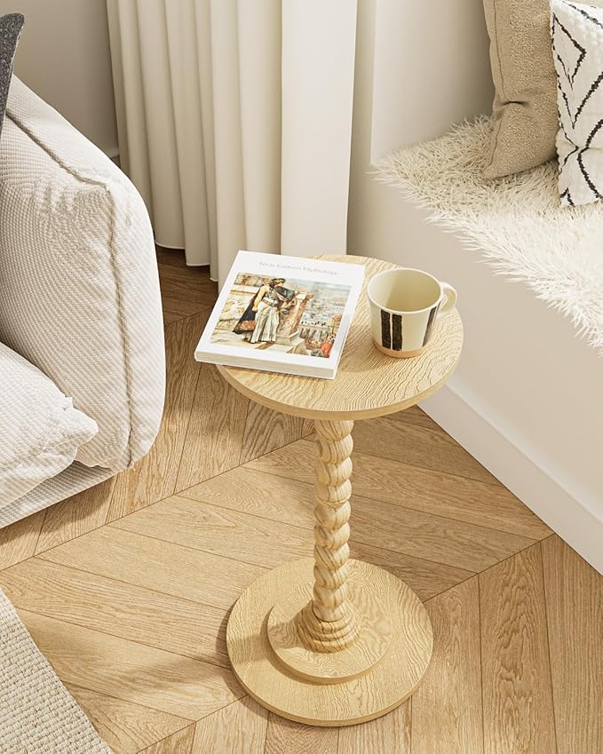 Masupu Round Side Table, Small End Table for Small Spaces, Pedestal Drink Table with Solid Wood Leg for Living Room, Bedroom, Corners(Natural)-Ruum Studio Home