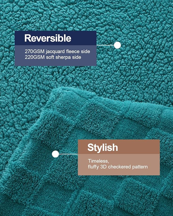Pawque Super Soft Cozy Throw Blanket Twin Size for Couch Bed, Fluffy Sherpa Fleece Reversible Thick Warm Fuzzy Blanket for All-Season, 3D Checkered Jacquard Decorative Blankets, Teal Green, 60" x 80"-Ruum Studio Home