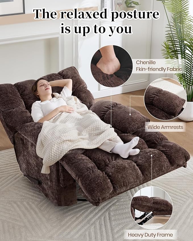 Oversized Recliner Chair Manual Swivel Rocker Recliner for Living Room Chenille Overstuffed Nursery Reclining Sofa Chair Rocking Recliners for Adults 400lbs (Manual, Brown)-Ruum Studio Home