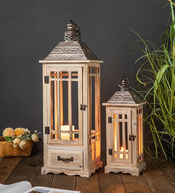 TIMRIS Large Rustic Wooden Metal Decorative Lantern Set of 2, Modern Farmhouse Floor Candle Lanterns with Drawer, Indoor/Outdoor Hanging Lanterns for Home Decor (No Glass)-Ruum Studio Home