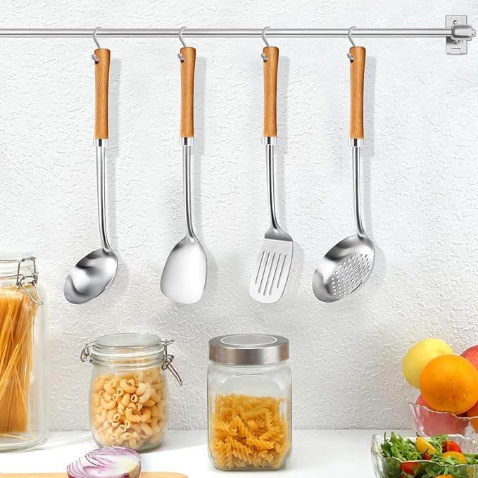 Pleafind 4-Pcs Cooking Utensils Set, Stainless Steel Kitchen Utensils with Wooden Hanlde, Kitchen Essentials Set Include Wok Ladle, Slotted Spoon, Wok Spatula and Slotted Spatula, Dishwasher Safe-Ruum Studio Home
