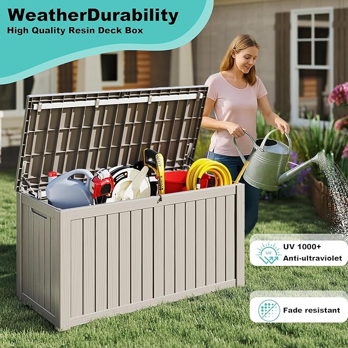 150Gal Outdoor Deck Box Waterproof, Lager Patio Storage Box Indoor and Outdoor Use, Lockable Resin Storage Bin for Patio Furniture Cushions Garden Tools, Package Delivery,UV Resistant-Grey-Ruum Studio Home