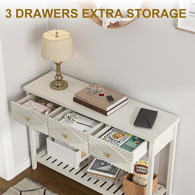 47" Fluted Console Table with 3 Drawers, Narrow Long Entryway Table with Storage Shelf, Sofa Tables for Entryway, Living Room, Behind Couch, Foyer, Hallway, Office (Beige)-Ruum Studio Home