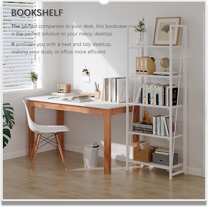 4NM No Assembly Foldable Bookshelf, 5-Shelf Collapsible Bookcase Storage for Small Spaces, 62.2" H, All White-Ruum Studio Home
