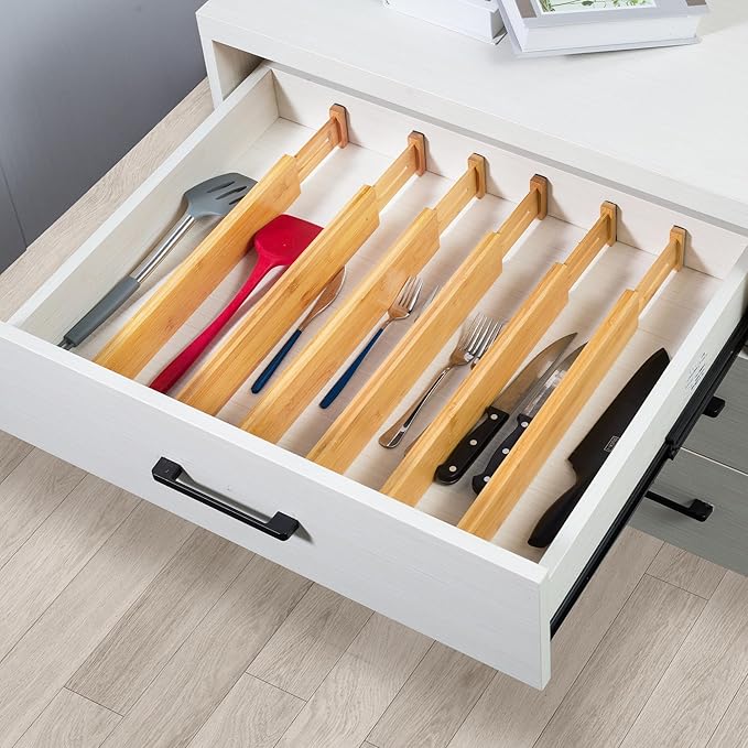 VaeFae Adjustable Bamboo Drawer Dividers, Expandable Drawer Organizer for Kitchen, Bedroom, Bathroom, Dresser and Office, 6-Pack-Ruum Studio Home