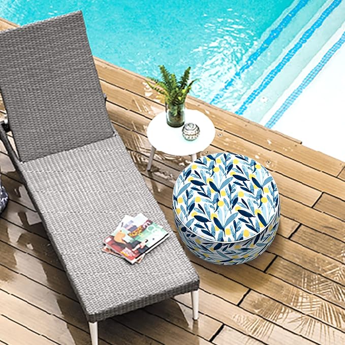 LVTXIII Outdoor/Indoor Inflatable Stool Ottoman, All Weather Patio Footrest Pouf, Portable Round Ottoman for Patio Garden, Camping or Home, D21xH9 Inches, Blue Leaves-Ruum Studio Home