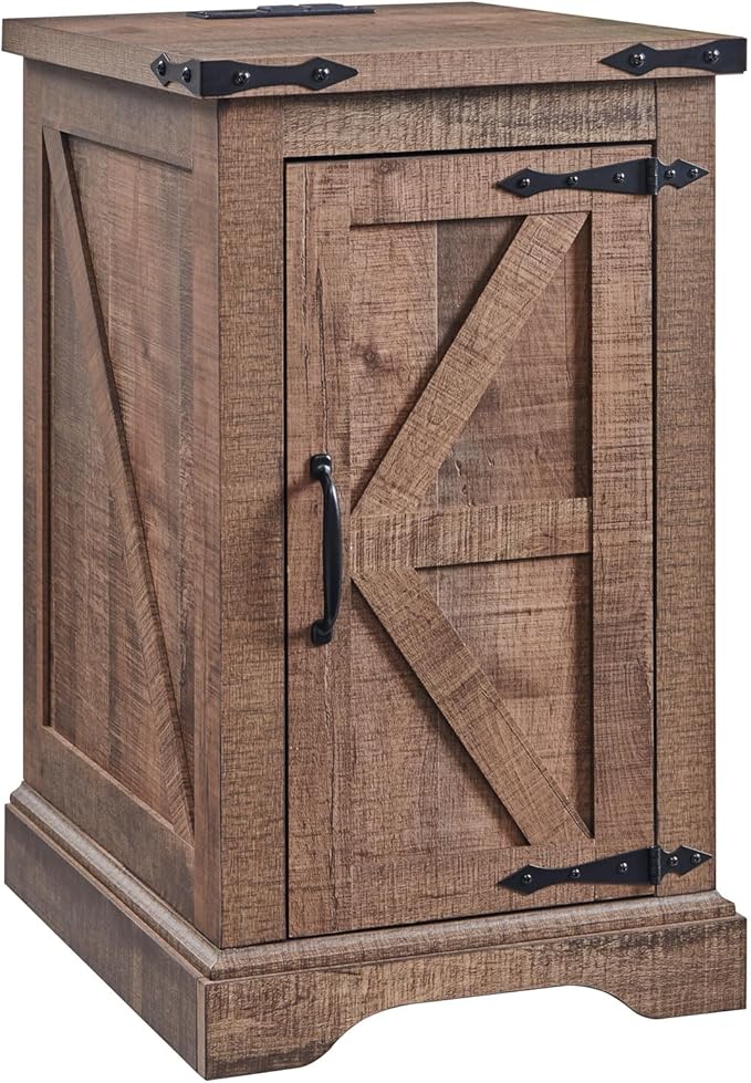 JXQTLINGMU Nightstand with Charging Station, Rectangular Farmhouse End Table with Barn Door and Adjustable Storage Shelf, 17" Deep Wood Rustic Sofa Side Table for Living Room, Bedroom, Light Brown-Ruum Studio Home