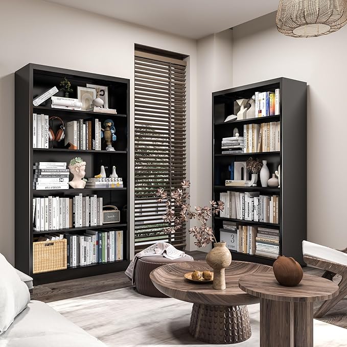 66" Tall Metal Bookcase, 5 Shelf Black Bookcase with Adjustable Shelves, Large Bookshelves and Bookcases, Modern Book Shelf Storage Organizer for Living Room, Home Office, Library (Black)-Ruum Studio Home