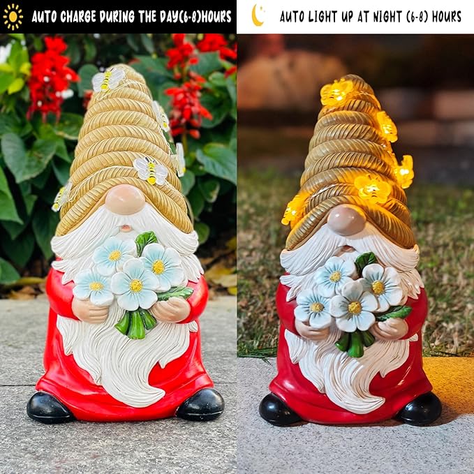 Outdoor Garden Gnomes Statue, Bee Flower Gnome Sculpture, with Solar LED Lights for Yard, Patio, Lawn Ornaments for Garden, Patio Gnome Gifts for Mom-Ruum Studio Home