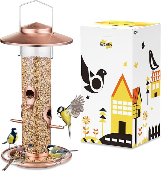 iBorn Bird Feeders for Outdoors, 2LB Metal Bird Feeders 17cm Large Roof &Tray, 4 Feeding Ports, Brushed Copper Finishing-Ruum Studio Home
