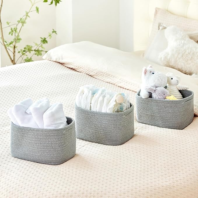 Small Baskets Set of 3-11"x7"x7" Perfect Toy Baskets for Storage, Ideal Storage Basket for Cube, Towels, and More - Basket for Shelves （Grey)-Ruum Studio Home