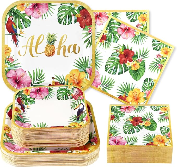 Grencian 200Pcs Hawaiian Luau Party Decorations Aloha Tropical Hibiscus Floral Luau Plates and Napkins Palm Leaf Tableware Sets for Summer Holiday Hawaiian Birthday Dinner Party Supplies Serves 50-Ruum Studio Home
