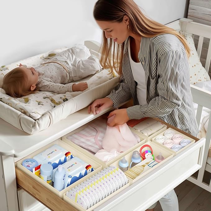 DIMJ Drawer Organizer Clothes 15 Pack - Foldable Baby Organizers and Storage & Dresser Organizer for Bedroom, Closet - Nursery Organization Dresser Dividers for underwear, Sock,Bra, Belt, Tie, Beige-Ruum Studio Home