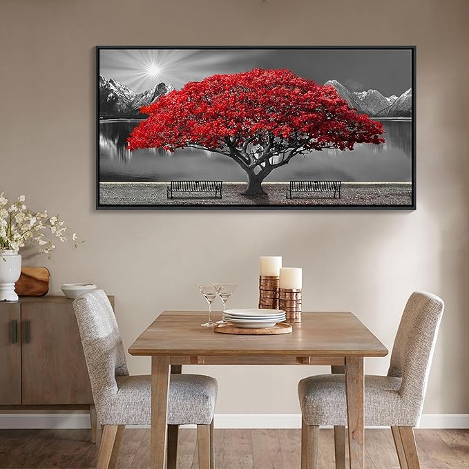 Framed Black and White Red Tree Wall Art Canvas Print Picture Large Red Tree Landscape Modern Artwork for Living Room Bedroom Office Home Wall Decor With 24X48inch-Ruum Studio Home