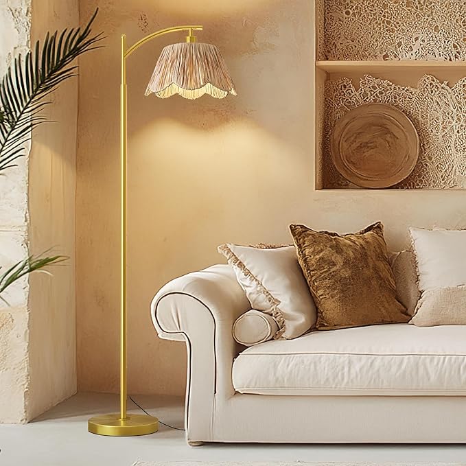 Oneach Arc Floor Lamp for Living Room,Rattan Boho Floor Lamp with Hand-Woven Wicker Shade, Foot Switch,Gold Metal Base & Pole,Farmhouse Standing Lamp for Bedroom Corner,Reading-Ruum Studio Home