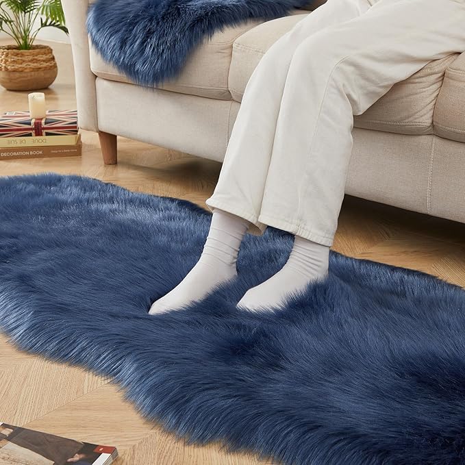 AMTOVO Faux Sheepskin Rug, Dark Blue Ultra Soft Fluffy Shag Area Rug, 2 x 6 ft Faux Fur Rug for Bedroom Sofa Throw Cushion Room Decor, Sheepskin-Ruum Studio Home