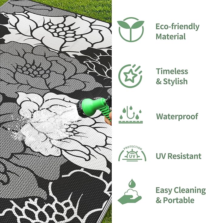 GENIMO Outdoor Rug Waterproof for Patio Decor, 9' x 12' Reversible Plastic Straw Floral Camping Carpet, Large Area Rugs Mats for RV, Camper, Deck, Balcony, Porch, Beach, Picnic, Mix-Black & White-Ruum Studio Home